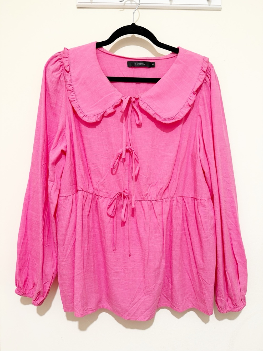 Tie-Front Ruffle Collar Blouse in Bright Pink